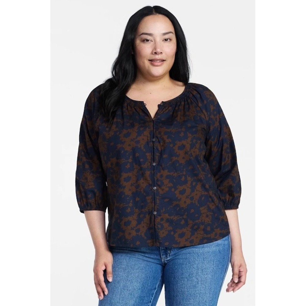 Time and Tru Cotton Button Front Blouse 3/4 Sleeve Navy Brown‎ Floral XXL (20)
